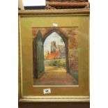 Framed & glazed Watercolour of a Church tower seen through an arched doorway and marked "H.J.J