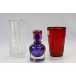 Whitefriars style Ruby glass vase with swagged design, a Geometric cut glass vase & a Murano style