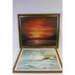 1970's Oil Painting on Canvas of the River Thames signed Alletoy 71 at Sunset together with Oil on