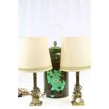 Vintage Table Lamp made from a Toleware Tin together with a Pair of Brass Corinthian Column Table