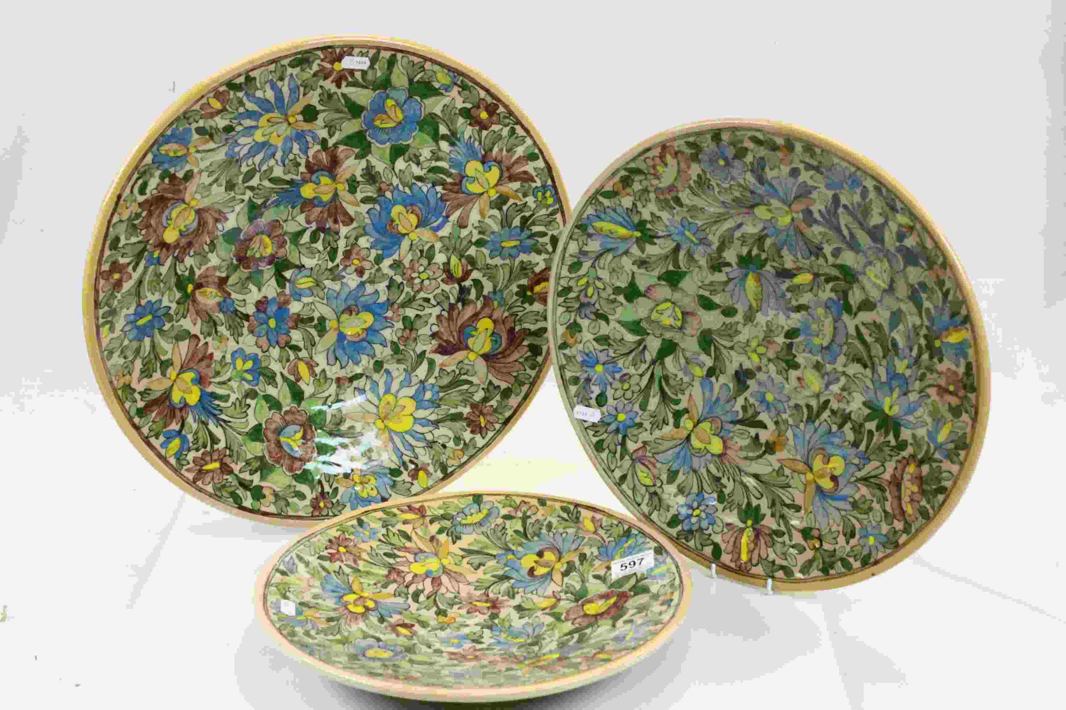 Set of Three Graduating Persian Glazed Chargers / Fruit Plates with Floral Design, 46cms, 36cms