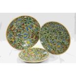 Set of Three Graduating Persian Glazed Chargers / Fruit Plates with Floral Design, 46cms, 36cms
