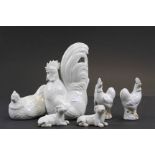 Small group of Oriental Blanc de Chine type Animals to include Chickens and a pair of Dogs