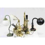 Collection of Six Lamps including Gilt Brass, Clerks Lamp with Clear Glass Shade, etc