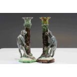 Caldas pair of Majolica pottery Candlesticks depicting Monkeys