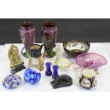 Mixed vintage ceramics & glassware to include; Paperweights, pair of Torquay Ware vases, Royal