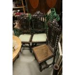 Near Matched Set of Three Late 19th / Early 20th century Ornately Carved Hall Chairs with Green