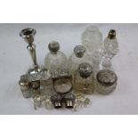 Silver topped glass dressing table bottles; Silver tapered candlestick, makers mark indistinct,