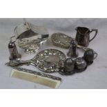 Box of Silver Plate and Pewter including Salt Bin and Shovel, Liberty Style Pewter Condiment Set