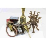 Brass Hookah Pipe, Two Wooden Folding Stands carved in the form of Dogs, Boxed Atlas Atomizer No.