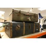 Two Vintage Wooden Bound Canvas Trunk Suitcases