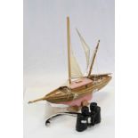 Wooden model of a Yacht with sails and a stand and a pair of Zeiss Deltrintem 8 x 30 Binoculars