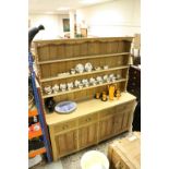 Large Oak Dresser, the Upper Section with Three Shelves above Four Drawers with Brass Cup Handles