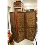 19th century Mahogany Three Fold Screen with Brown and Gold Fabric Panels