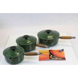 Le Creuset - Three Green Saucepans with Lids