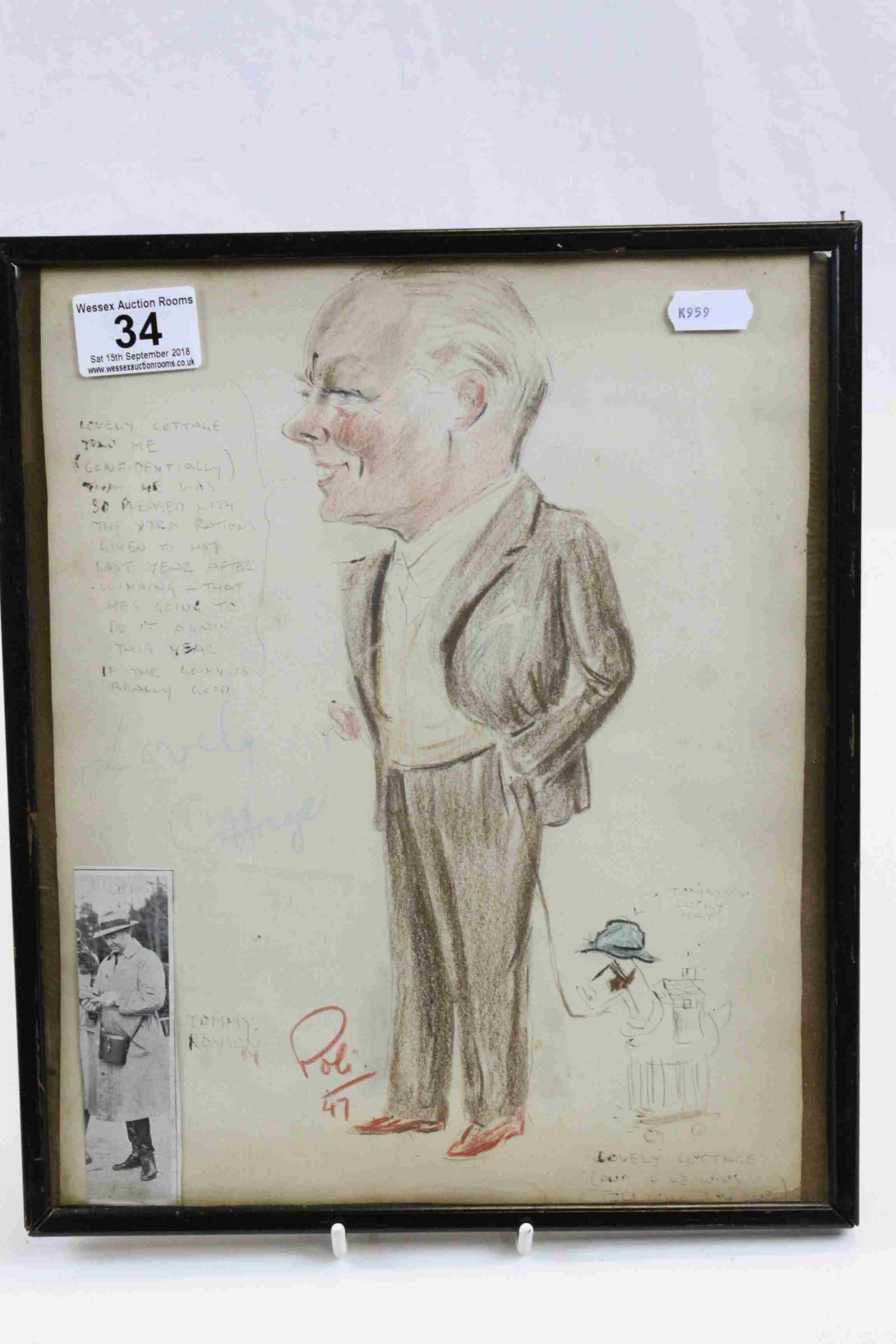 Framed and glazed Humorous sketch of Horse Trainer "Tommy Rayson" & signed "Poli '47"