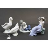 Nao by Lladro, two duck / geese figurines, both with boxes, together with girl 'Listening to