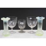 Three large 19th Century drinking glasses & a pair of Vaseline glass Vases with flared rims