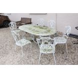 Large Victorian Style White Metal Garden Table, approx. 187cms long with Six Matching Garden Chairs
