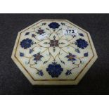 Pietra Dura Octagonal inlaid white onyx/ alabaster plaque, Persian style flower and vine design in