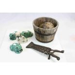 Small group of mixed collectables to include a Coopered Wooden bucket, wooden balls, Cast iron