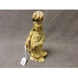 Carved oriental soapstone figurine depicting female robed lady carrying fish basket, engraved