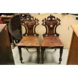 Pair of Victorian Mahogany Hall Chairs with Shield Shaped Scroll Carved Backs and Solid Seats