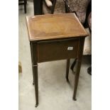 Edwardian Mahogany Inlaid Square Sewing Table, the hinged rising lid and drop down front panel