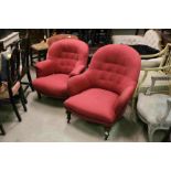 Almost Matching Pair of Victorian Pink Fabric Upholstered Armchairs