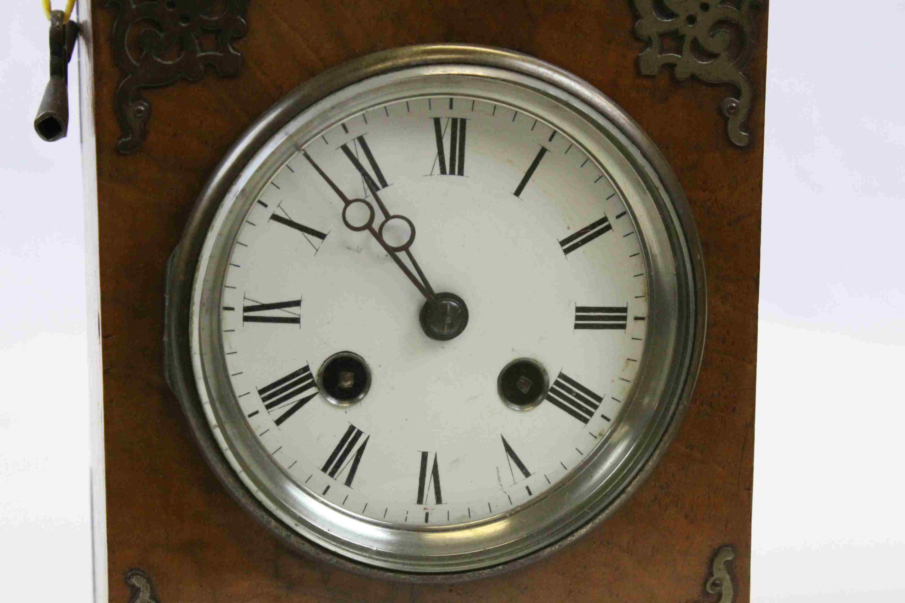 Wooden cased Key wind mantle clock with enamel dial, Brass fittings and Key - Image 4 of 5