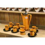 Portmeirion Orange and Black ' Greek Key ' Coffee Set comprising Coffee Pot, Milk, Sugar and Six
