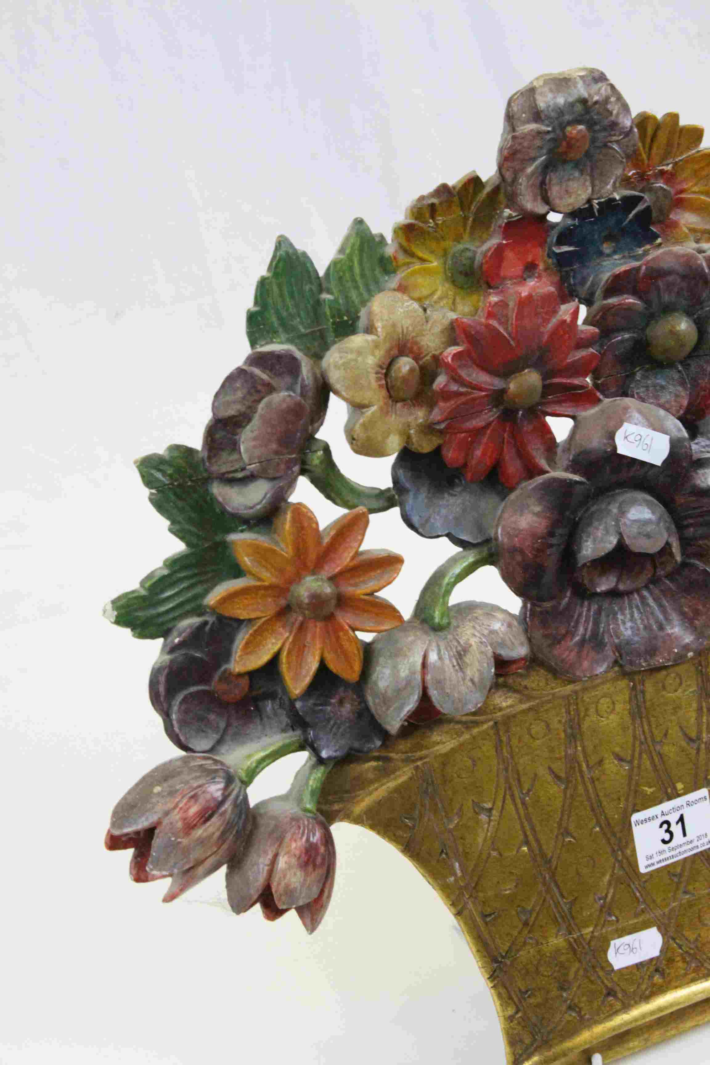 Vintage carved Wooden wall hanging in the form of a Basket of Flowers with Gilt & painted finish - Image 2 of 4