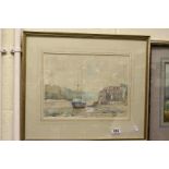 Ray Bawkwill 20th century watercolour painting estuary scene with boat signed and titled Kingsbridge