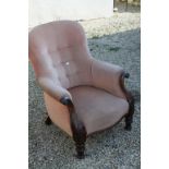Victorian Buttonback Armchair with Scroll Arms and Turned Legs