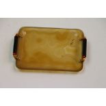 French Art Deco agate, onyx and coral 18ct yellow gold trinket dish in the form of a tray, the