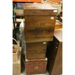 Two Square Hardwood Storage Boxes and a Wicker Storage Box