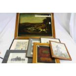 Maple Framed Hunting Scene on Glass together with Six Framed and Glazed Prints including Ascot - a