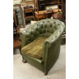 Early 20th century Green Leather Button Back Chesterfield Style Armchair with Wooden Squat Bun Feet