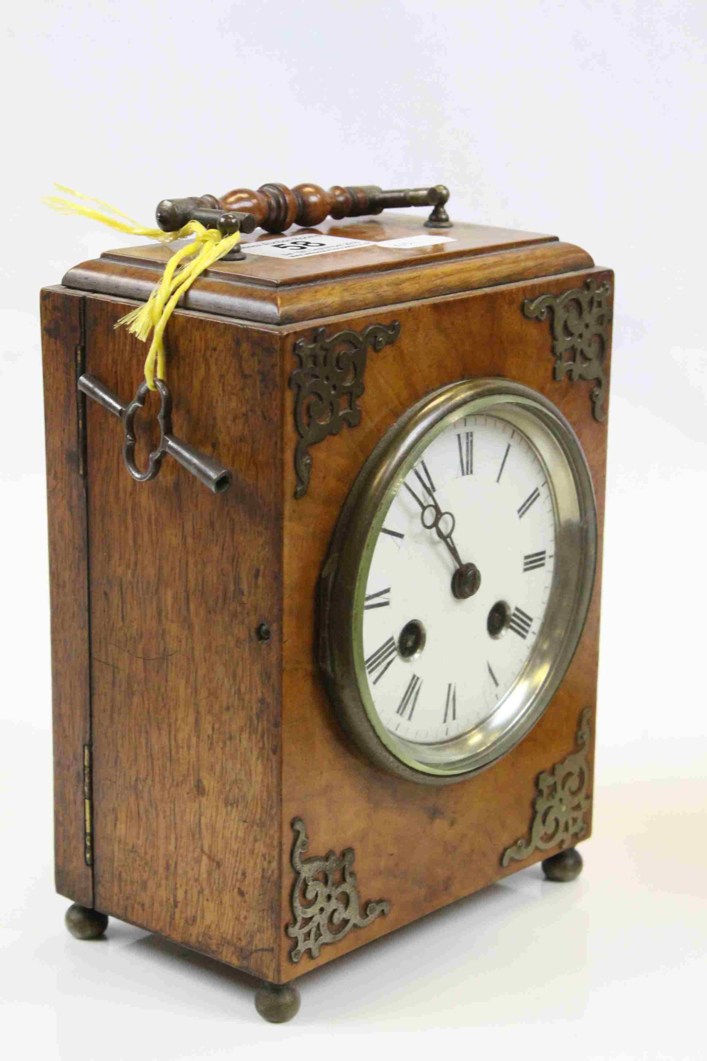 Wooden cased Key wind mantle clock with enamel dial, Brass fittings and Key - Image 5 of 5