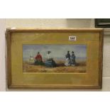 Gilt Framed Oil Paintings of a Beach Scene with Victorian Ladies with Parasols