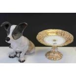 19th Century gilded ceramic fruit bowl or cake stand and a contemporary model of a Jack Russell