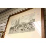 Large Oak framed & glazed black and white Print of a Hunting Meet