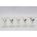 Five Art Deco style drinking glasses with enamel Cockrel decoration