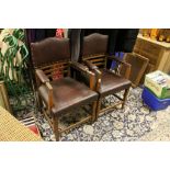 Pair of Oak Liverpool Elbow Chairs with Brass Studded Red Burgundy Leather Effect Back and Seat