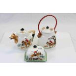 Hunting themed ceramic Teapot, Biscuit Barrel & covered Butter Dish, marked to base "P.C.C England"
