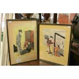 Framed Japanese Woodcut Portrait of Two Geishas and Crane Birds signed and inscribed Harunbu