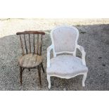 French Style White Painted Salon Elbow Chair with Grey and Pink Floral Padded Arms, Back and Seat