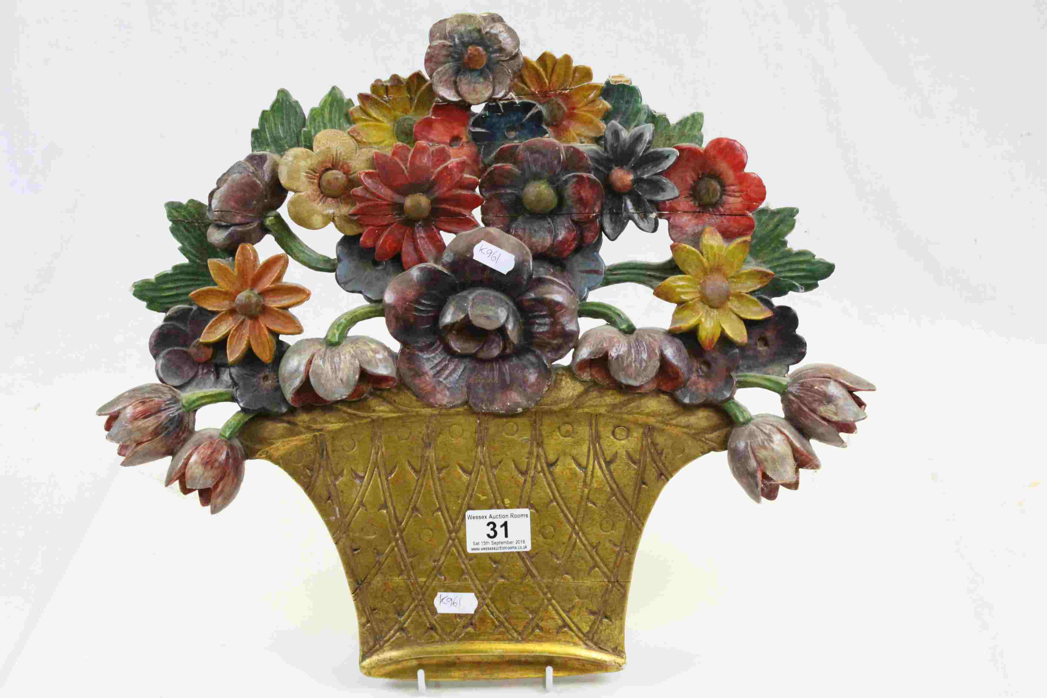 Vintage carved Wooden wall hanging in the form of a Basket of Flowers with Gilt & painted finish