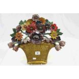 Vintage carved Wooden wall hanging in the form of a Basket of Flowers with Gilt & painted finish