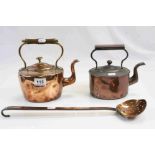 Two vintage Copper Kettles and a long handled Copper Seive with letter "S" to handle